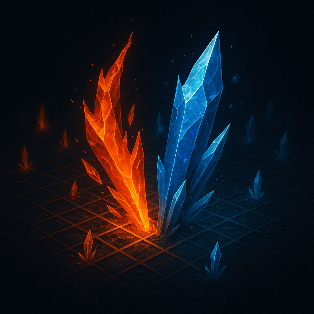 Fire and ice crystal shards on a dark grid